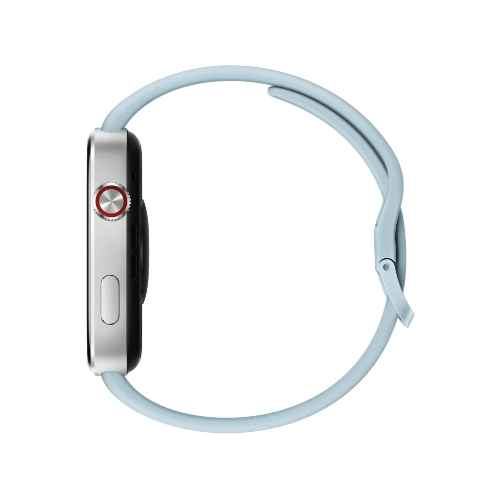 Xiaomi Redmi Watch 6 azul glaciar, perfil lateral con caja metálica plateada, corona roja y correa de silicona curva; pantalla AMOLED 2.07 pulgadas
