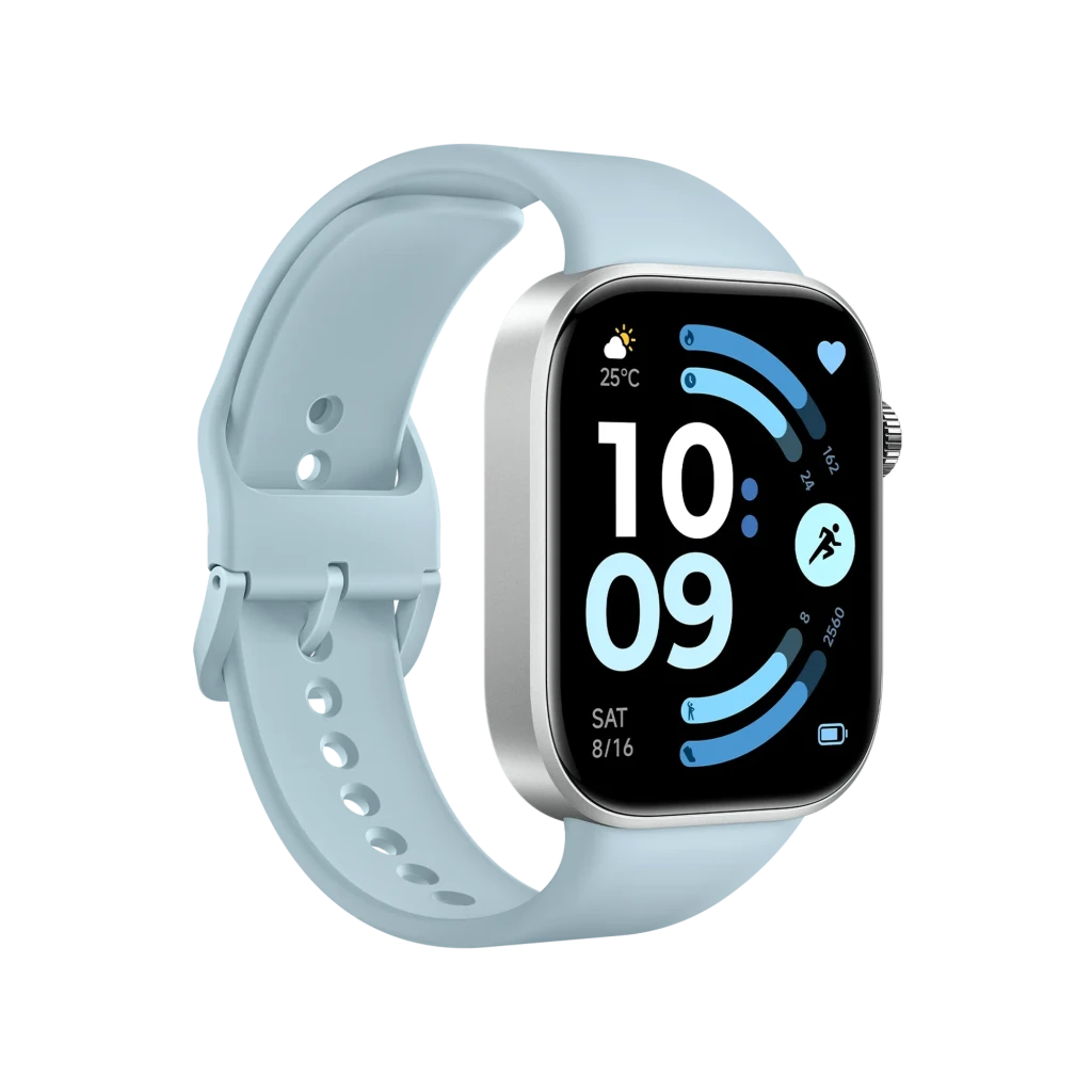 Reloj Xiaomi Redmi Watch 6 azul glaciar con pantalla AMOLED 2.07, caja plateada y correa de silicona perforada, esfera digital con iconos de actividad y clima