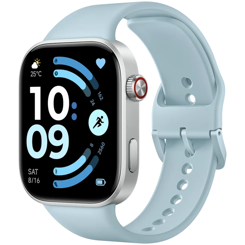 Xiaomi Redmi Watch 6 Bleu Glacier avec boîtier argenté, écran AMOLED 2,07 pouces, cadran carré, couronne latérale rouge, bracelet silicone perforé