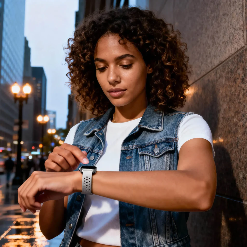 Mibro Watch Fit 1,75 pulgadas AMOLED negro con pantalla rectangular brillante, correa deportiva perforada gris y bordes curvos; estilo urbano y resistente 5 ATM