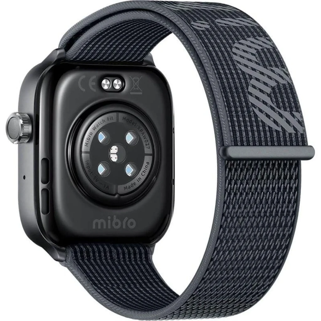 Mibro Watch Fit 1,75 pulgadas AMOLED negro con correa textil gris, sensores traseros de salud, botón lateral, GPS integrado y resistencia 5 ATM