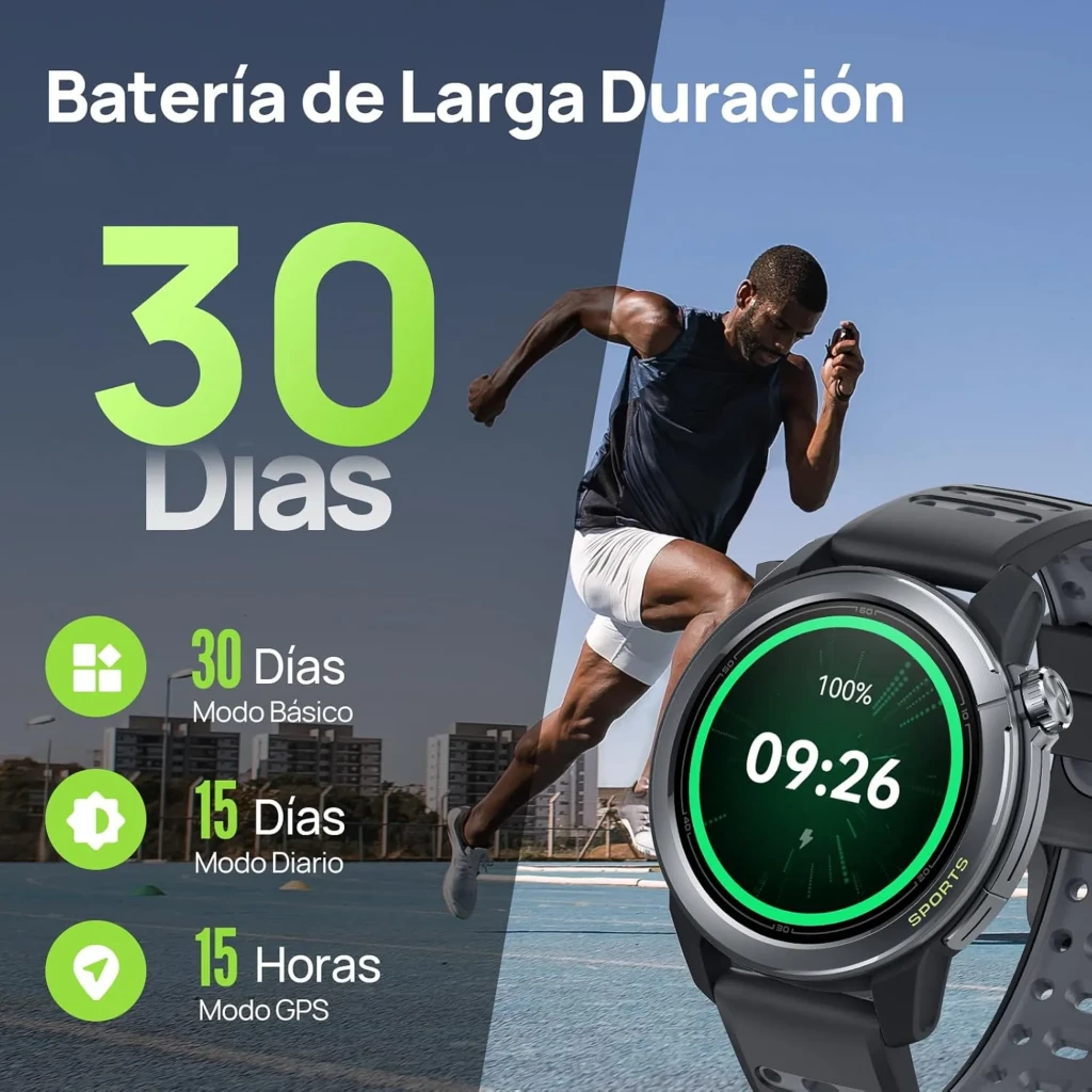 Mibro Watch GS Active 2 gris oscuro con pantalla AMOLED 1,32, bisel metálico, correa deportiva negra y esfera digital verde que muestra 09:26 y 100% batería