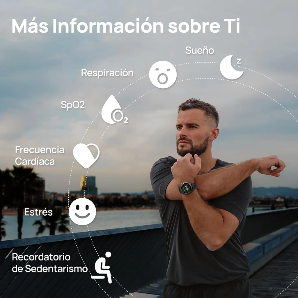 Mibro Watch GS Active 2 gris oscuro con pantalla AMOLED 1,32, GPS integrado, 5 ATM. En muñeca de atleta mostrando métricas: frecuencia, SpO2, estrés y