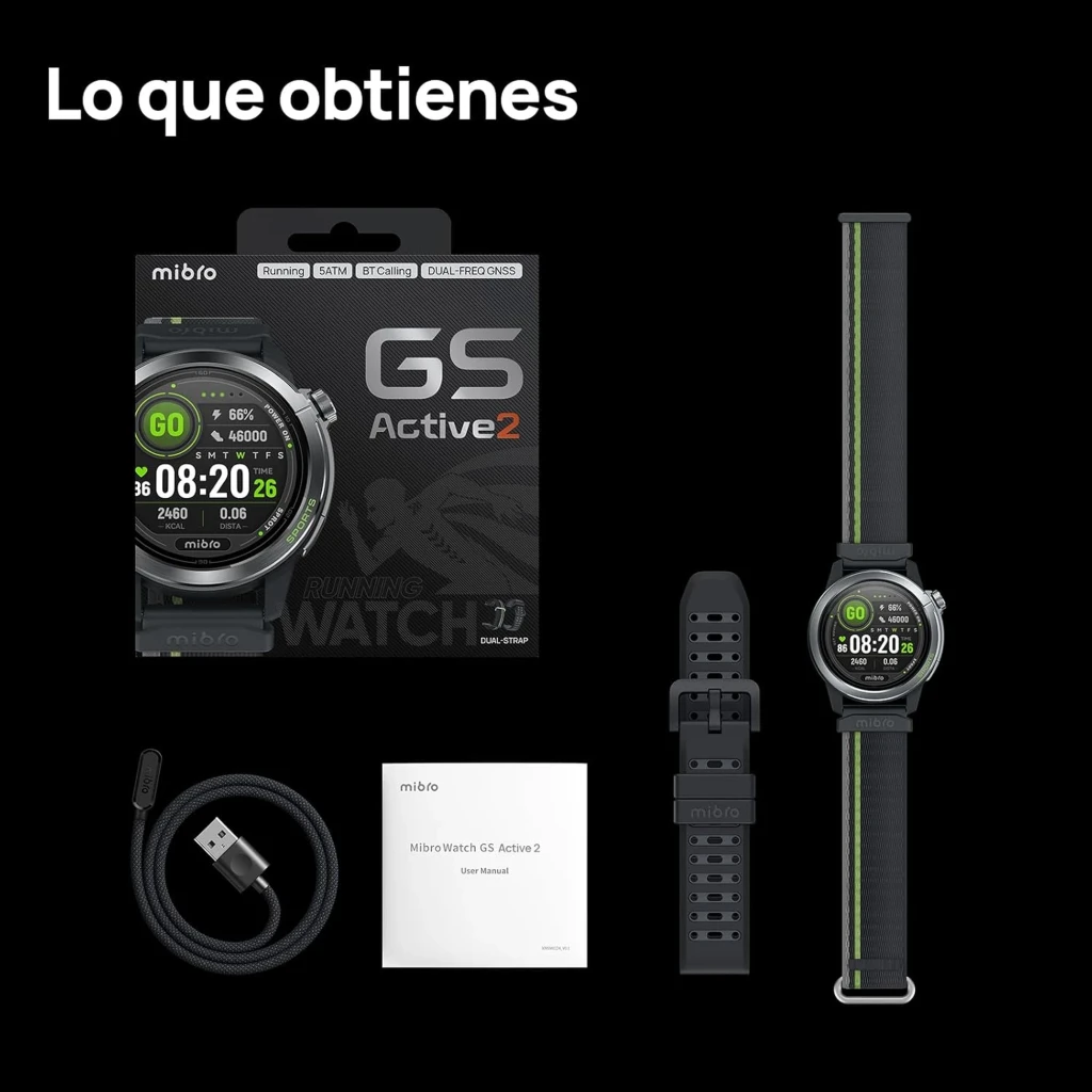 Mibro Watch GS Active 2 gris oscuro con pantalla AMOLED 1,32, correa extra, cargador USB y manual. Diseño deportivo, GPS y resistencia 5 ATM.