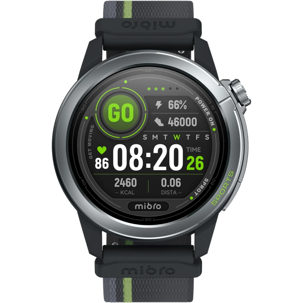 Mibro Watch GS Active 2 gris oscuro con pantalla AMOLED 1,32, bisel metálico, correa deportiva negra con línea verde, botón lateral y esfera fitness