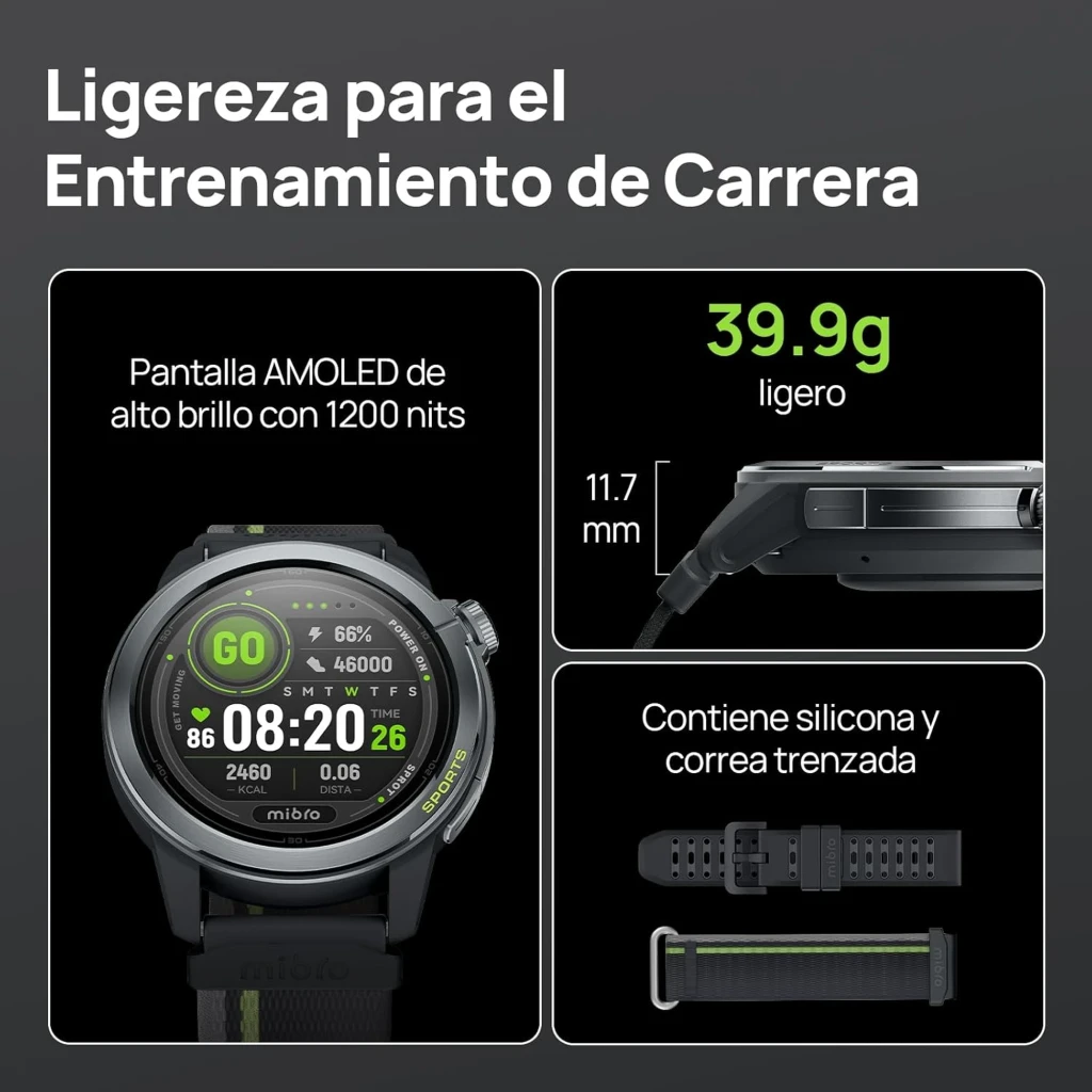 Mibro Watch GS Active 2 gris oscuro con pantalla AMOLED 1,32 pulgadas 1200 nits, 39,9 g y 11,7 mm, correa trenzada y silicona, GPS y resistencia 5 ATM