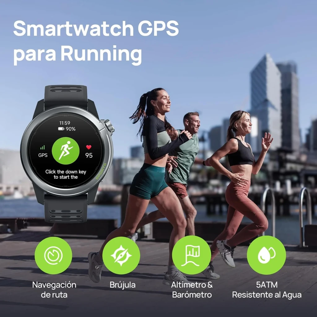 Mibro Watch GS Active 2 gris oscuro con pantalla AMOLED 1,32, correa deportiva negra, GPS integrado, 5 ATM, altímetro, barómetro y brújula para running