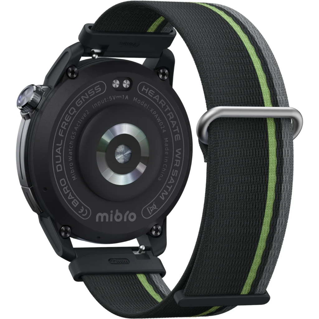 Parte trasera de Mibro Watch GS Active 2 gris oscuro con sensor circular, correa textil negra con franja verde y hebilla metálica; caja negra robusta