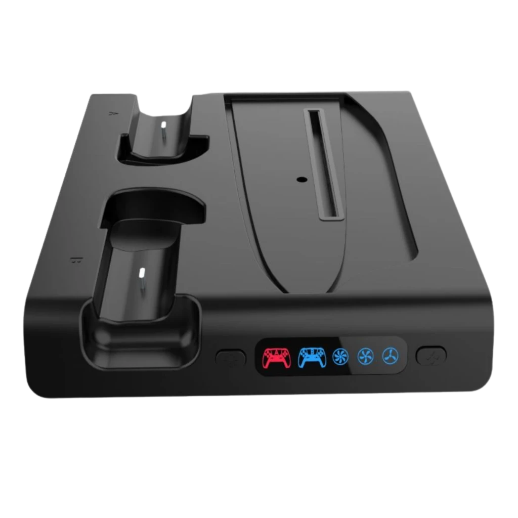 iPega P5S006H base de carga negra para PS5 Slim con ranura consola, dos docks para mandos, luces RGB frontales y ventilación integrada con iconos LED