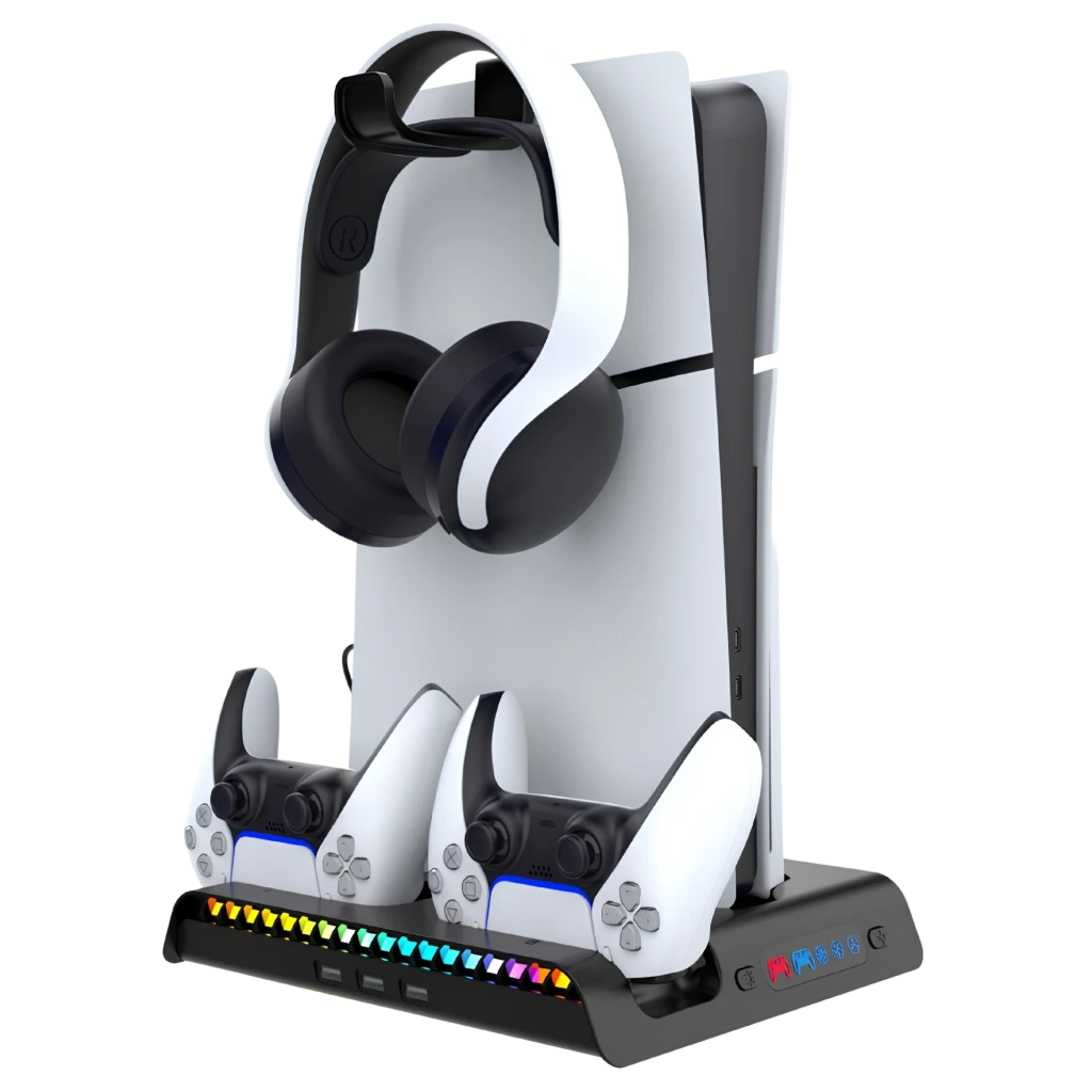iPega P5S006H base de carga negra para PS5 Slim con ventilador, luces RGB, soporte para audífonos y dos ranuras para mandos DualSense
