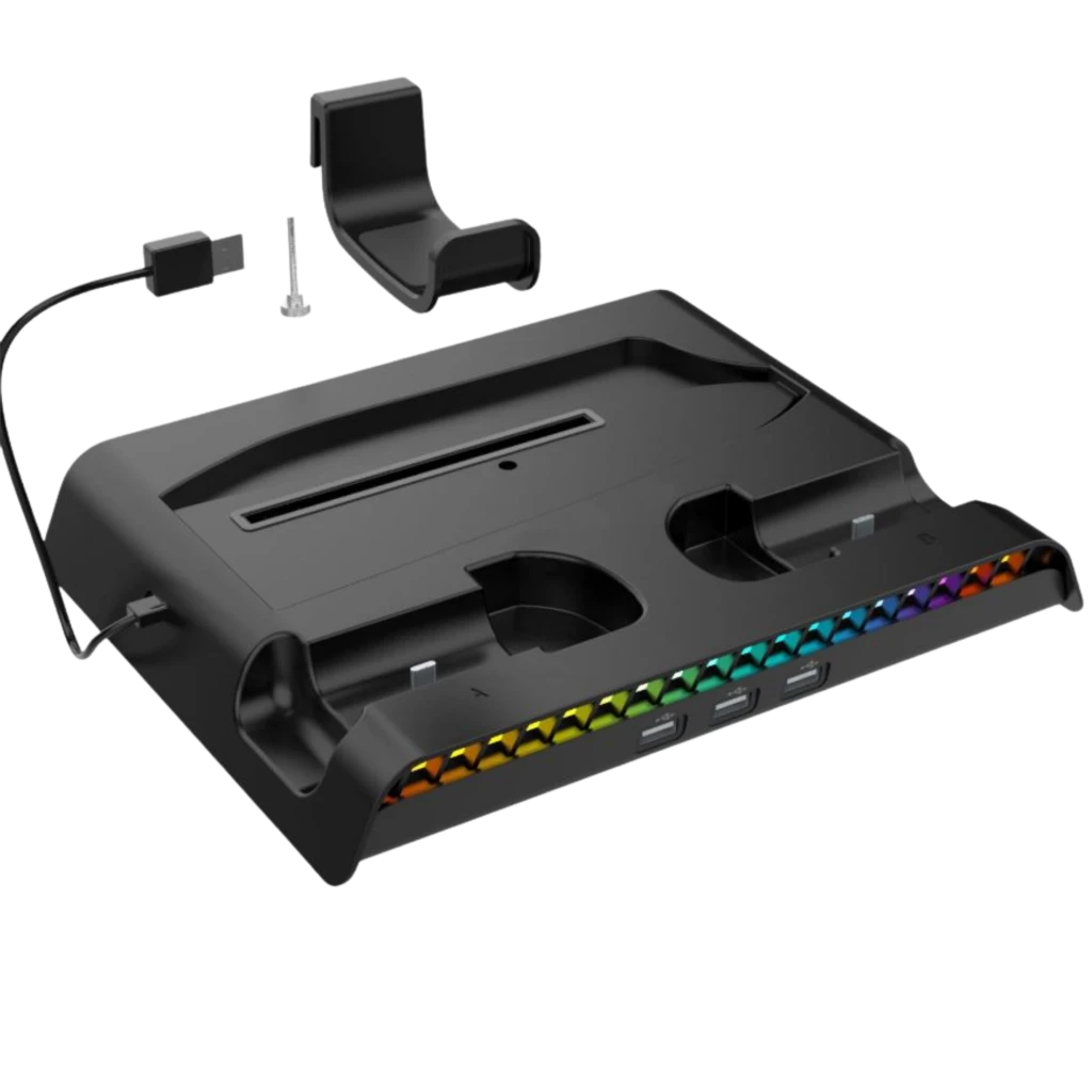 Base de carga negra para PS5 Slim con luz RGB frontal, dos ranuras para mandos, puertos USB, soporte incluido, ranura para discos y ventilación integrada