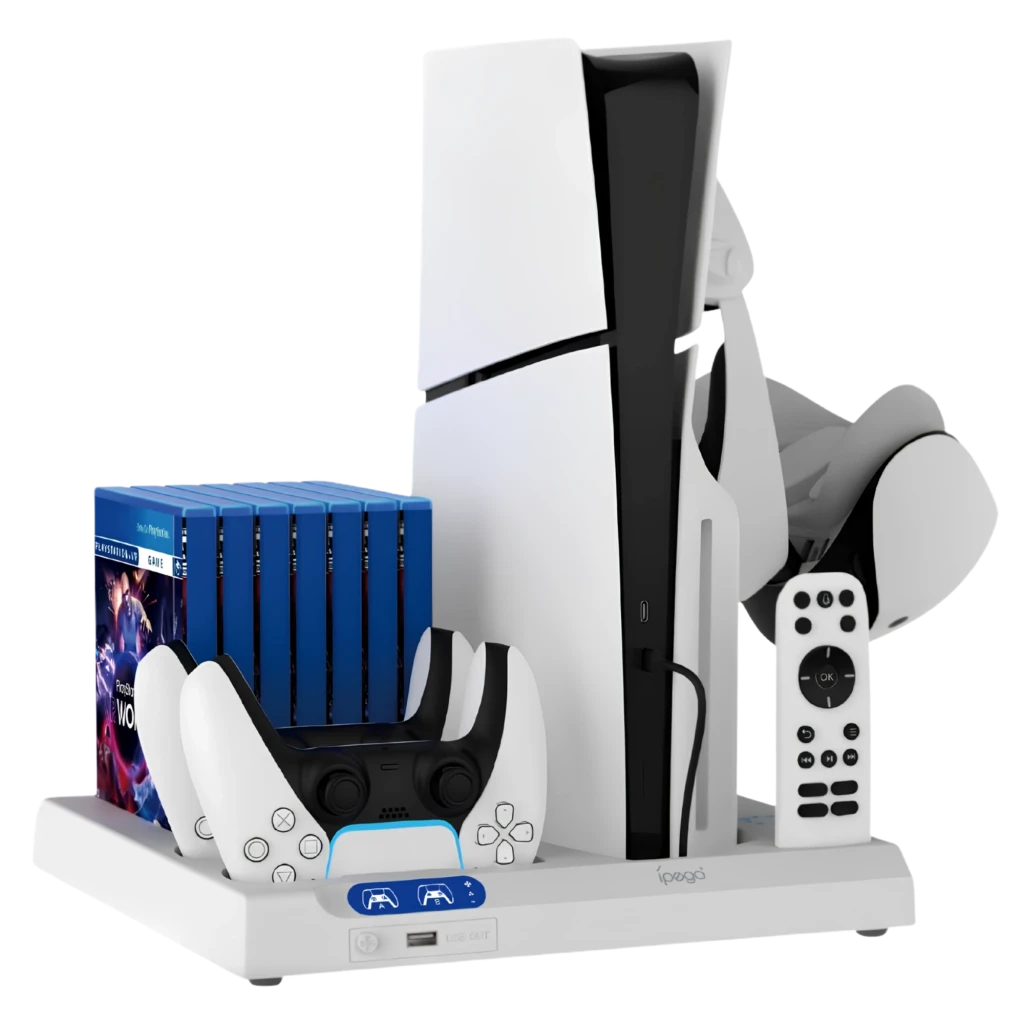 iPega P5S028 base branca com refrigeração, docks para 2 controles, suporte para PS5/PS5 Slim/Pro, organizador de jogos e porta para controle remoto