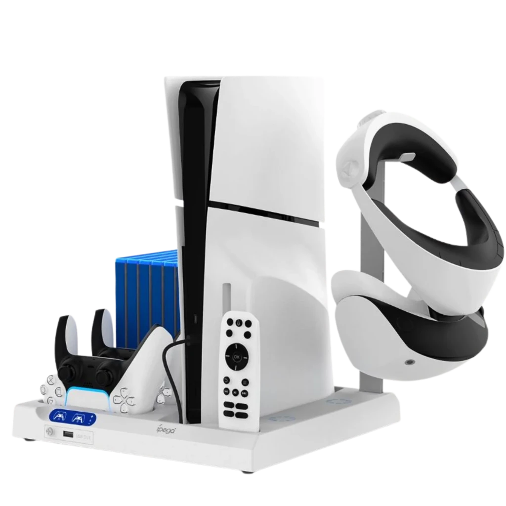 Base blanca para PS5 con ventilación, soporte para auriculares VR, ranuras para juegos, carga dual de mandos, puertos USB y espacio para control remoto