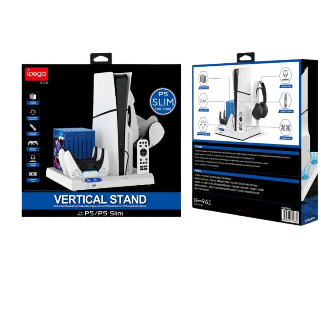 Base vertical blanca con ventilación para PS5, soportes para auriculares, ranuras para juegos y doble estación de carga para mandos DualSense