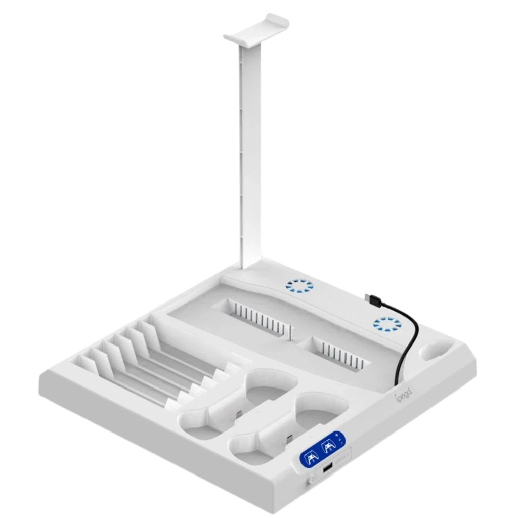 iPega P5S028 base blanca con ventiladores dobles, soportes para PS5, ranuras para juegos, doble dock para mandos, soporte vertical y puertos USB integrados