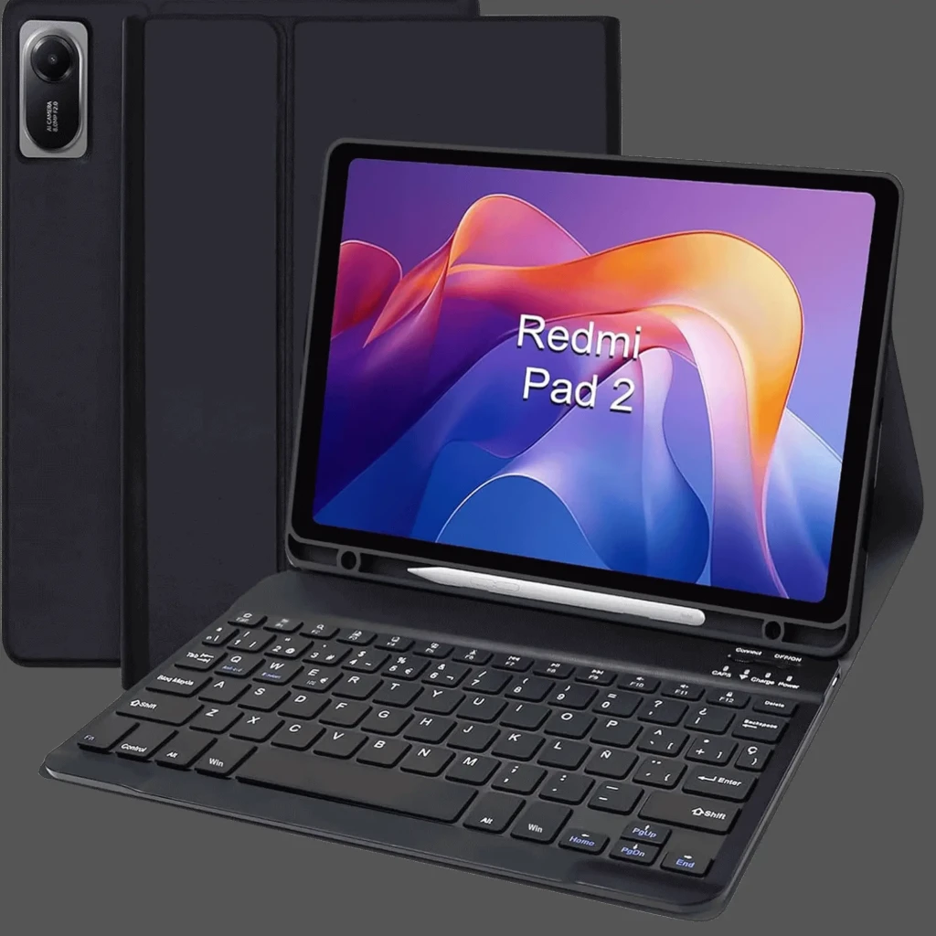 Capa com teclado preto para Redmi Pad 2 Poco Pad C1 9.7, estilo folio com suporte, teclas retroiluminadas, espaço para caneta e recortes precisos