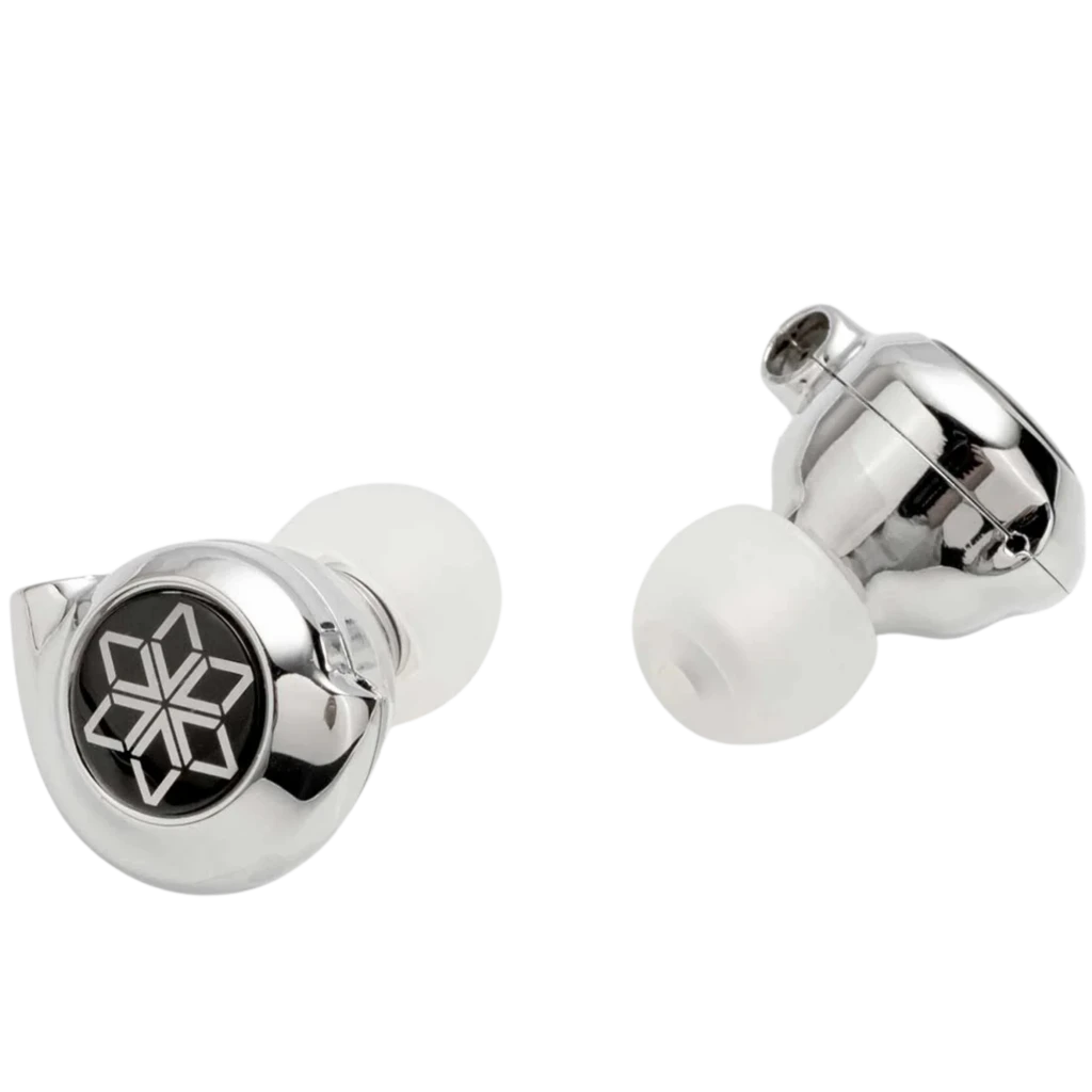 FiiO FD11 MIC 10 mm Auriculares Hi-Res 24 Ω de carcasa metálica pulida, diseño compacto con embutidos blancos y emblema geométrico en negro y plata