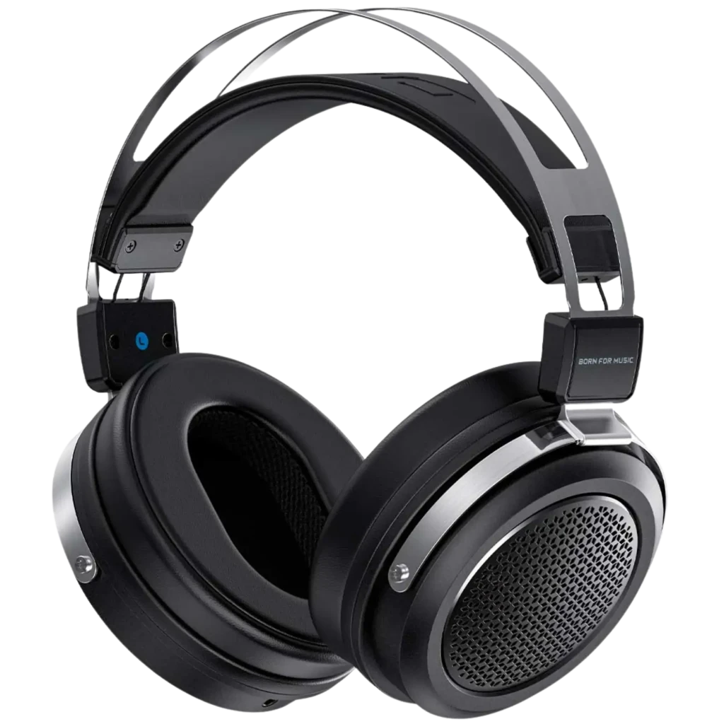 Casque supra-auriculaire FiiO JT1 noir, arceau double en métal, oreillettes rembourrées, grilles maillées, bouton latéral, design robuste avec