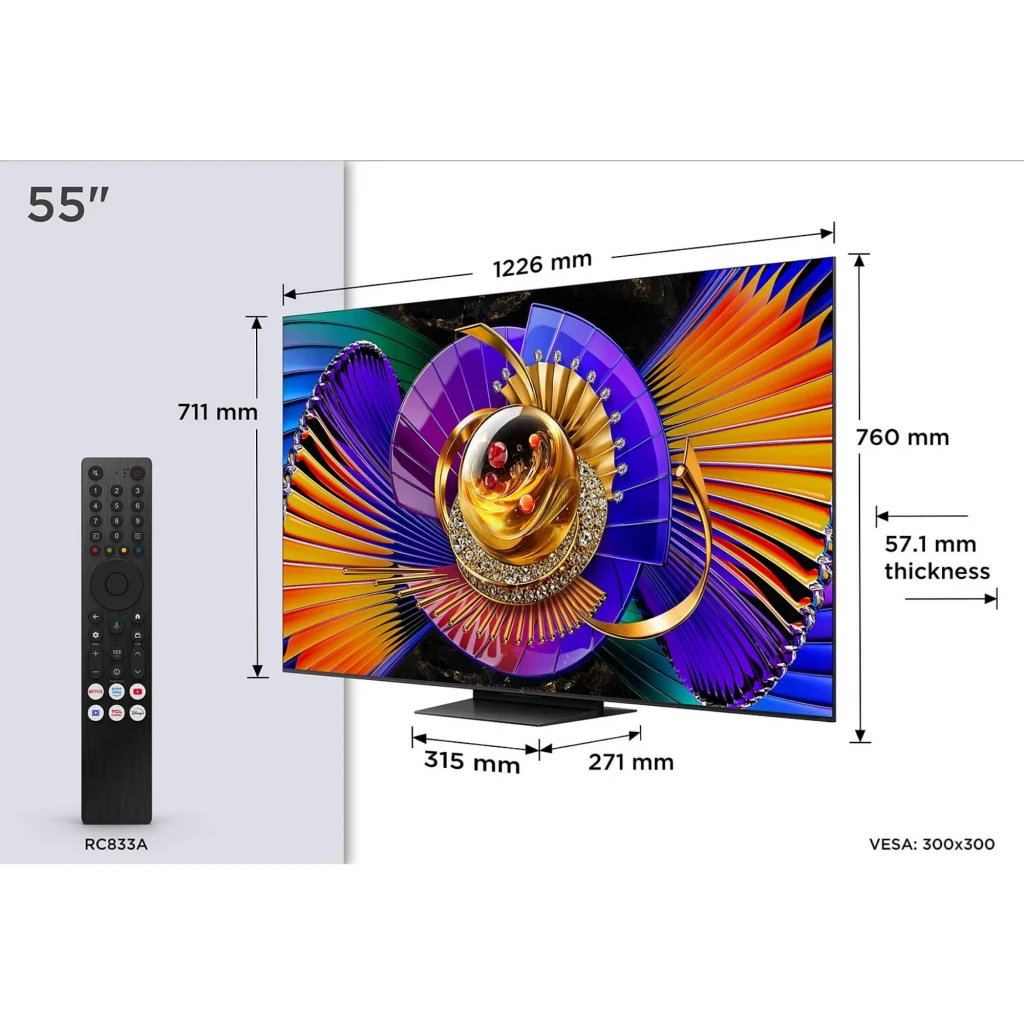 TCL 55C7L Smart TV QD‑Mini LED 55 pulgadas 4K Google TV en negro, biseles delgados, soporte central, control remoto RC833A, medidas y grosor 57.1 mm