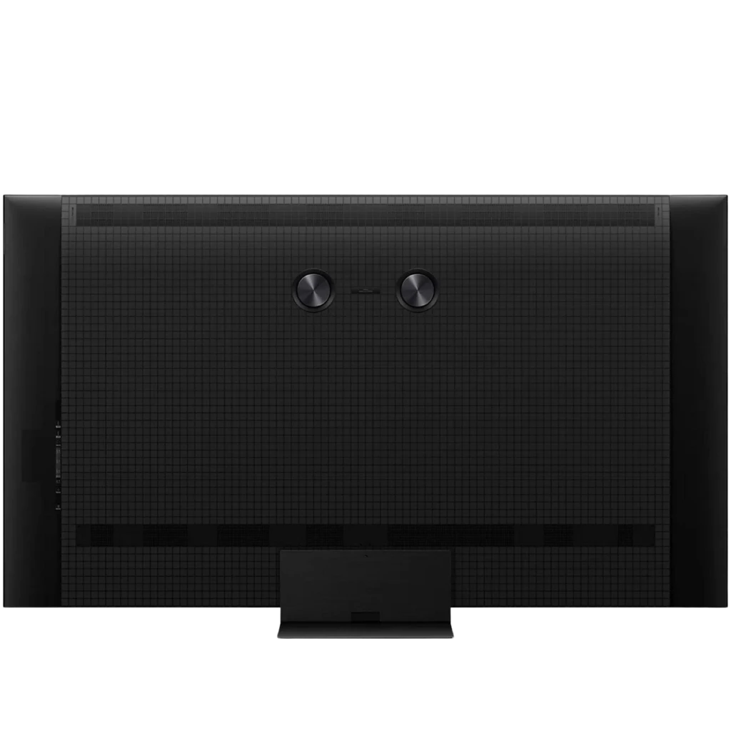 Parte trasera del TCL 55C7L: panel negro con textura cuadriculada, doble ventilación circular, rejillas inferiores y soporte central robusto.