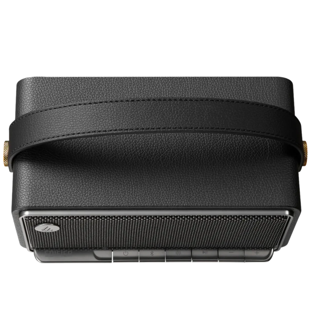 Edifier MP330 40 W Bluetooth, altavoz portátil negro con correa de cuero, rejilla metálica frontal y botones superiores visibles, autonomía 19 h