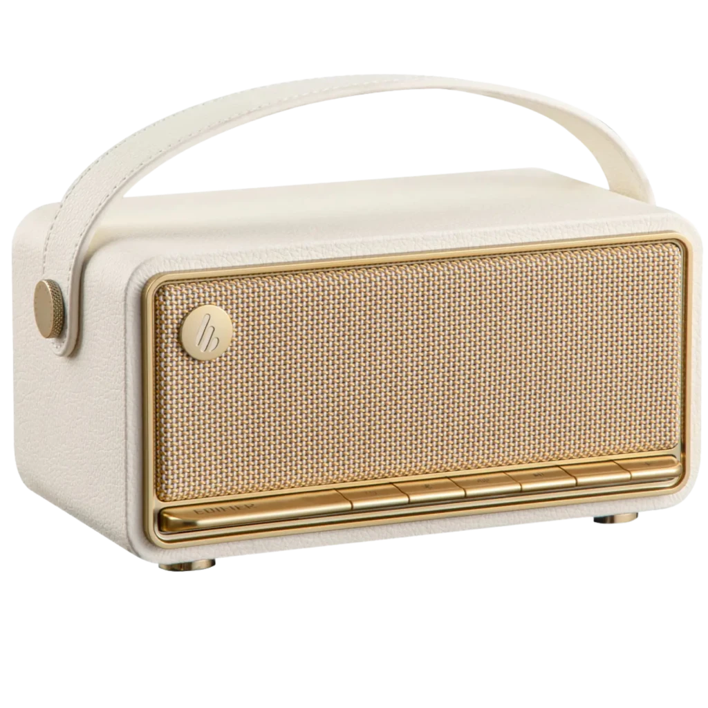 Edifier MP330 40 W Bluetooth marrón con diseño retro en madera, rejilla frontal oscura y asa de cuero; botones inferiores discretos, autonomía 19 h