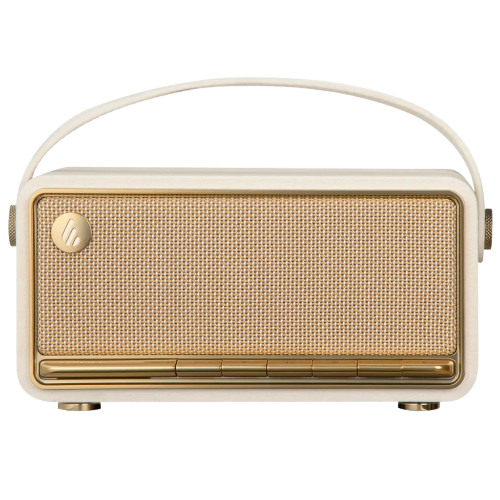 Edifier MP330 marfil retro con rejilla dorada, asa superior, botones frontales metálicos y perillas laterales; altavoz portátil Bluetooth de 40 W y 19 h de