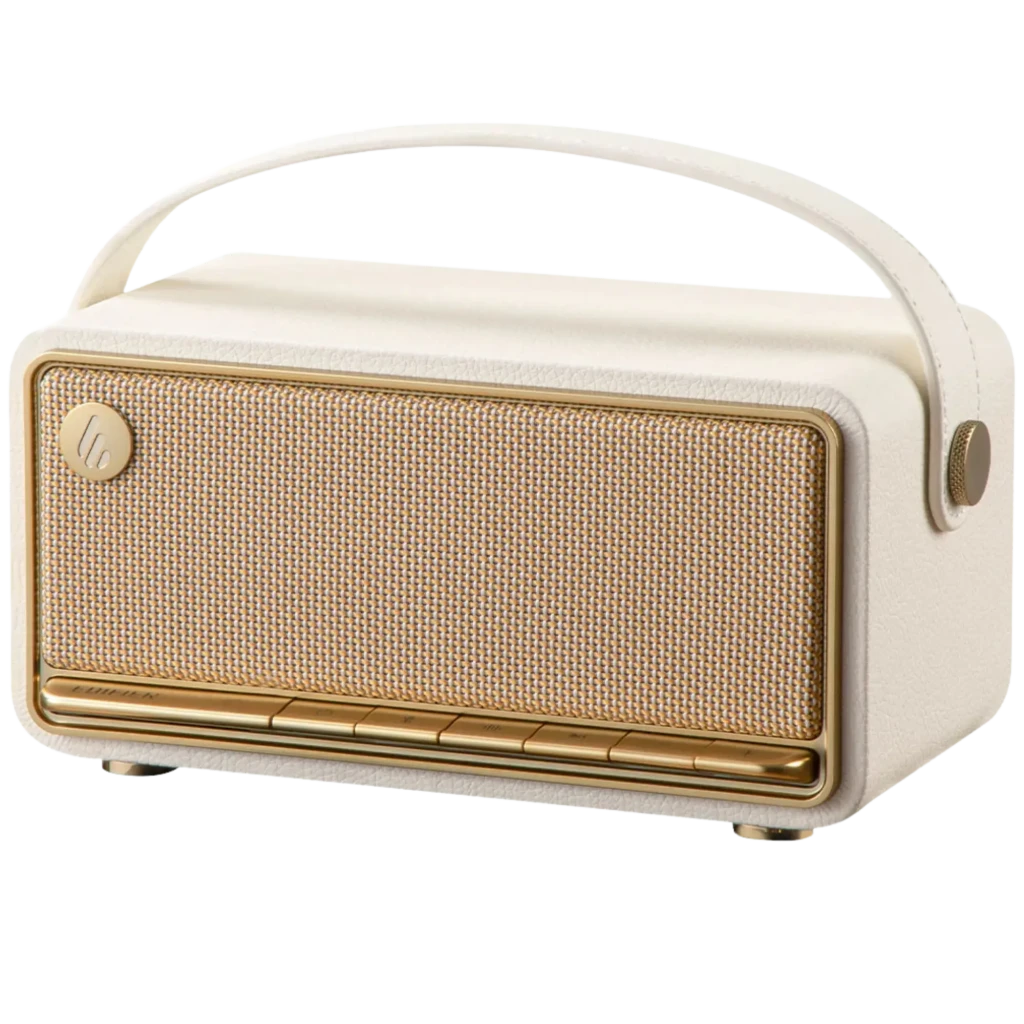 Edifier MP330 40 W Bluetooth, altavoz portátil marfil con rejilla dorada, asa superior y botones frontales metálicos, diseño retro y compacto, 19 h de