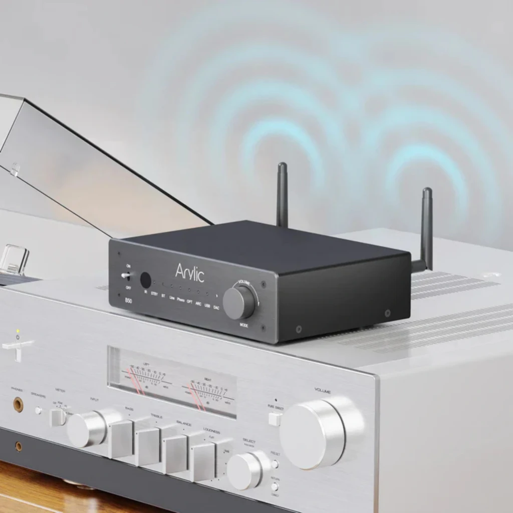 Arylic B50 Amplificador Bluetooth 5.2 negro, compacto, frontal con pantalla LED, perilla de volumen y botón, doble antena trasera para mejor señal