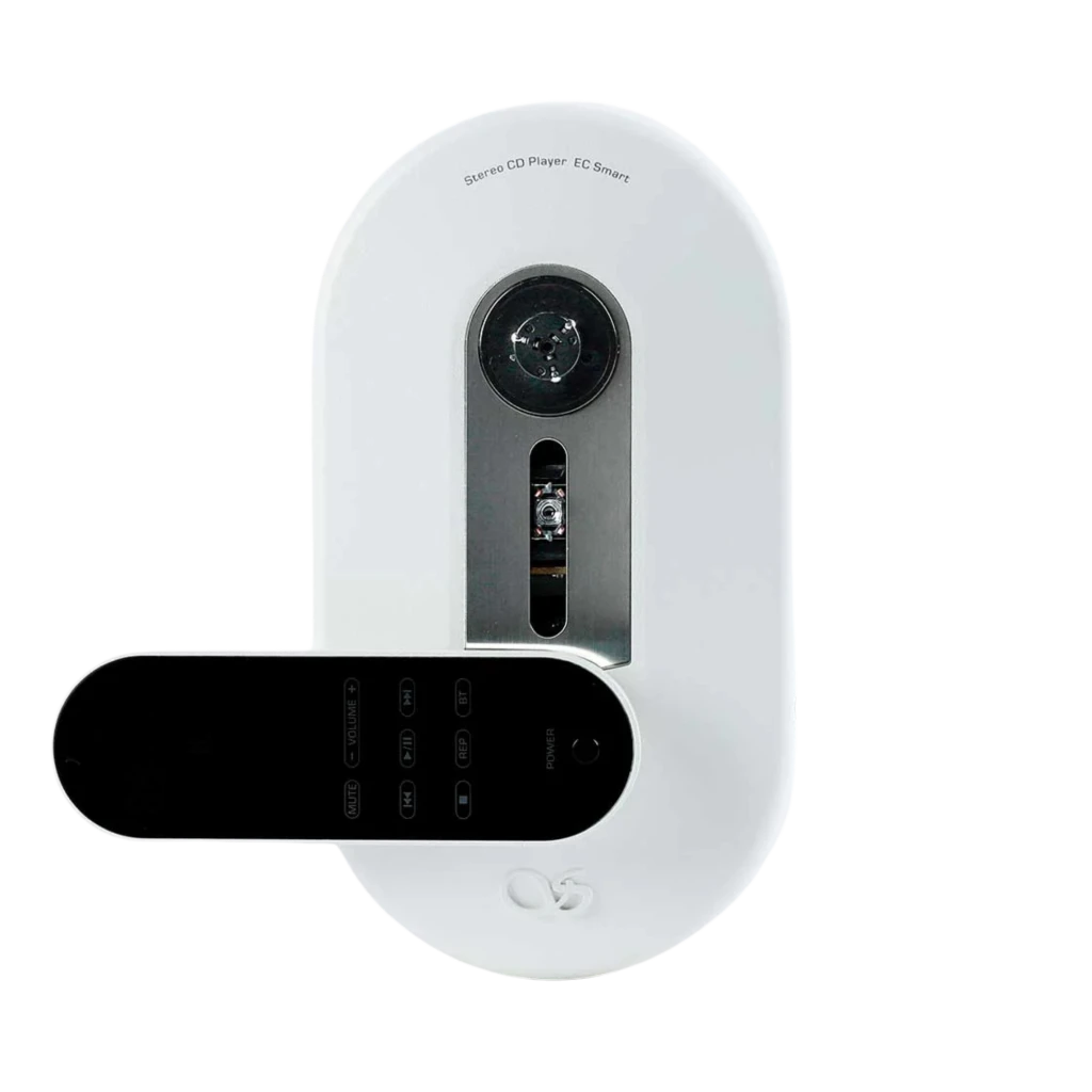 Shanling EC Smart Reproductor CD USB-C Blanco con diseño ovalado, bandeja frontal negra deslizante, ventana central del láser y acabado minimalista mate
