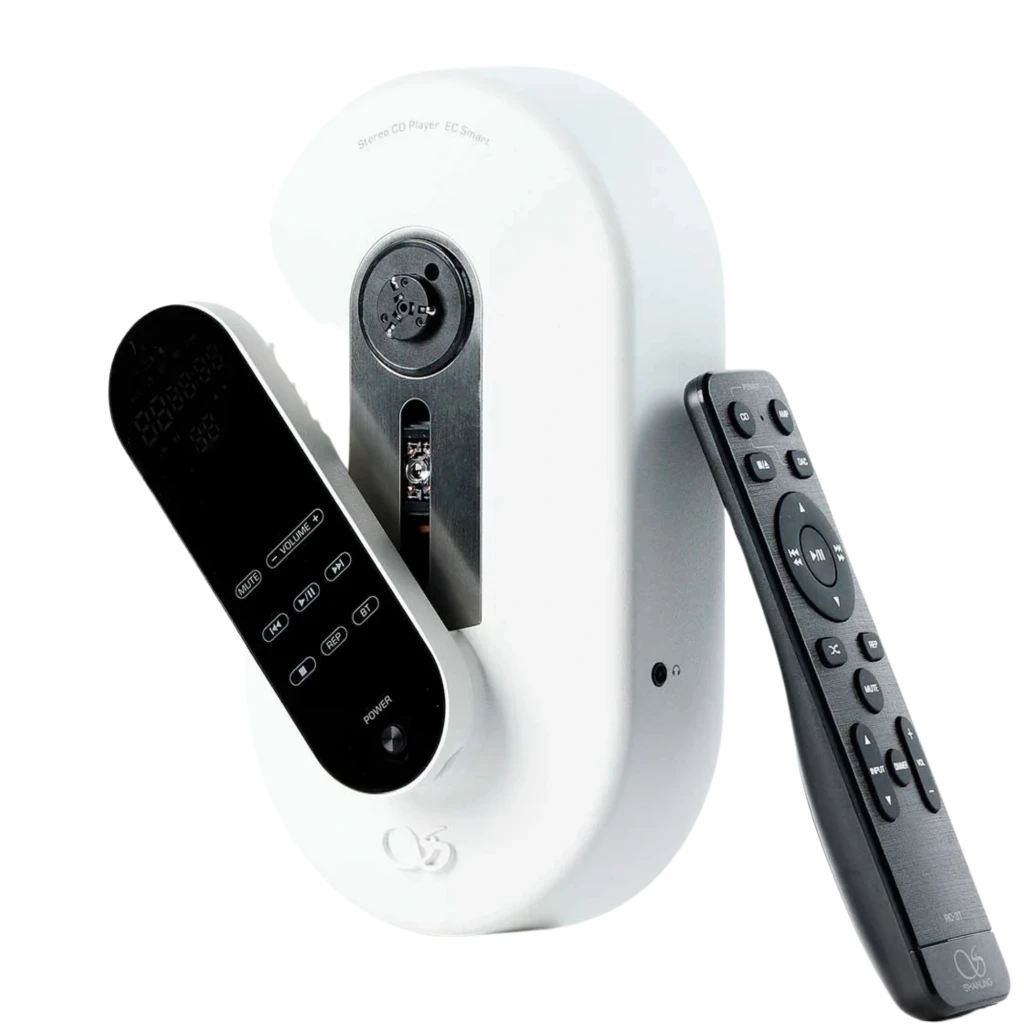 Shanling EC Smart Reproductor CD USB-C Blanco con diseño vertical, bandeja abierta visible, pantalla frontal táctil y control remoto negro elegante