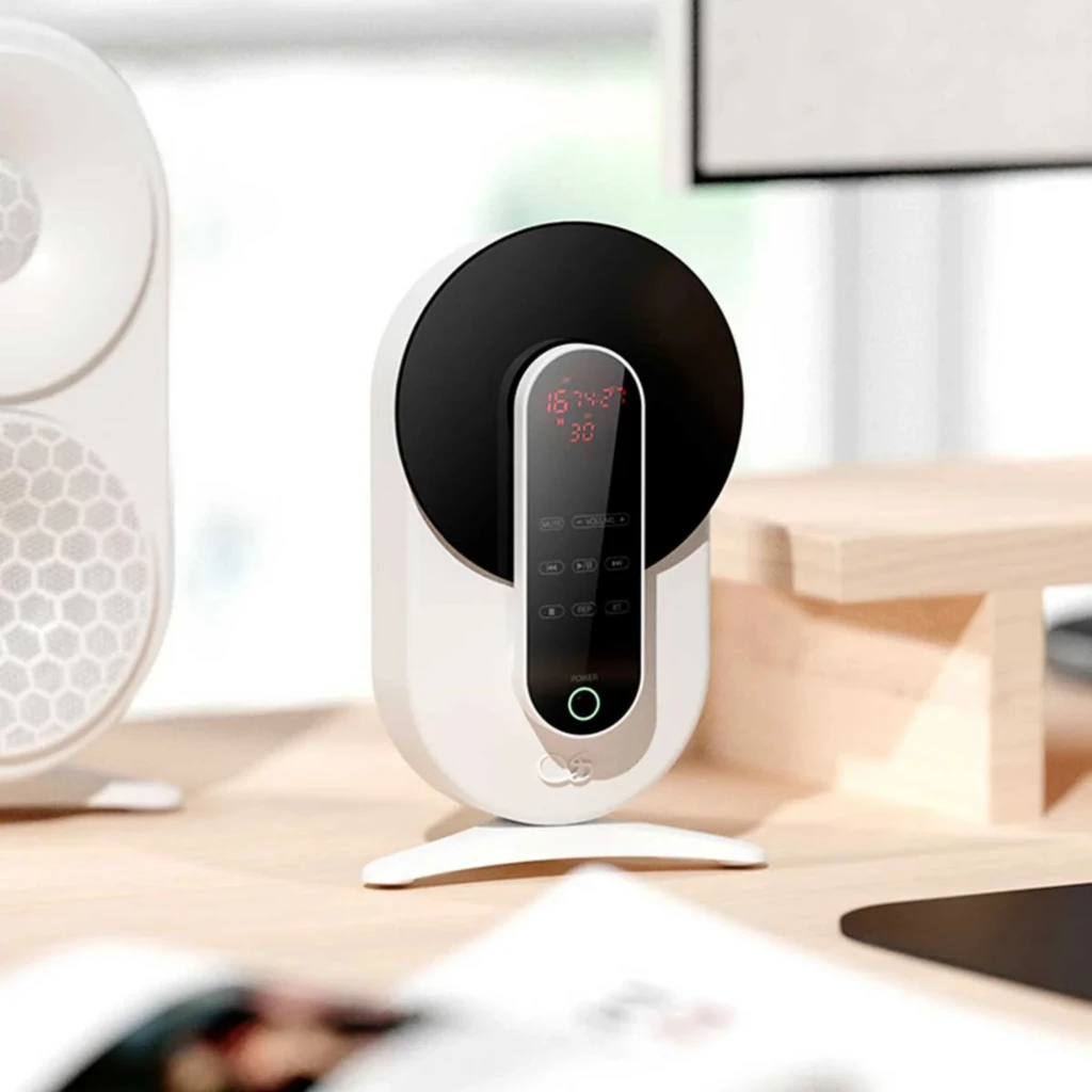 Shanling EC Smart Reproductor CD USB-C Blanco con diseño vertical ovalado, pantalla LED roja, controles táctiles frontales y base estable para escritorio