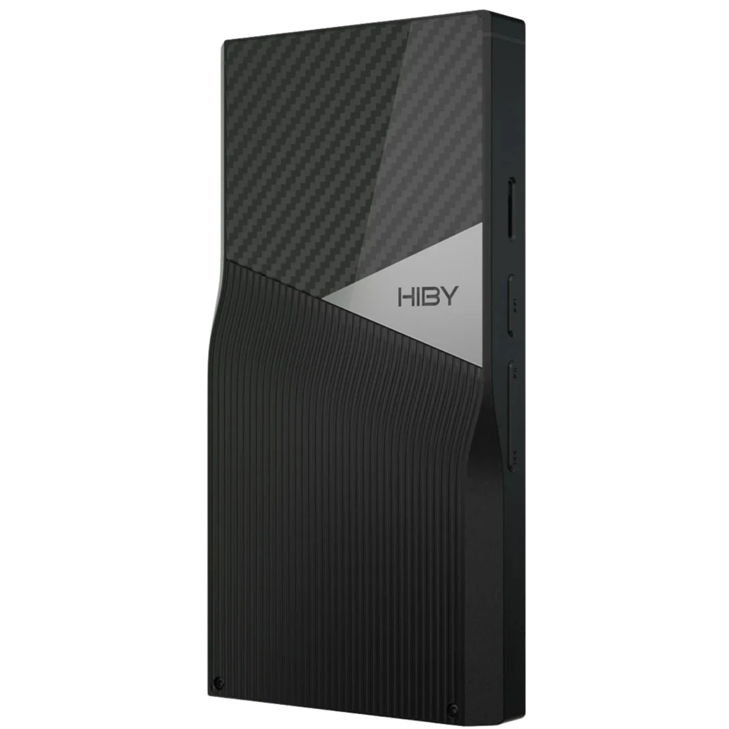 HiBy R6 Pro II 2025 reproductor Hi-Res portátil en negro, chasis con fibra de carbono y textura acanalada, puertos laterales y salida balanceada 4.4 mm