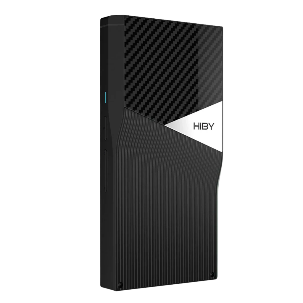 HiBy R6 Pro II 2025 reproductor Hi-Res portátil negro con panel trasero en fibra de carbono, detalle blanco Hiby, cuerpo delgado y salida balanceada 4.4 mm