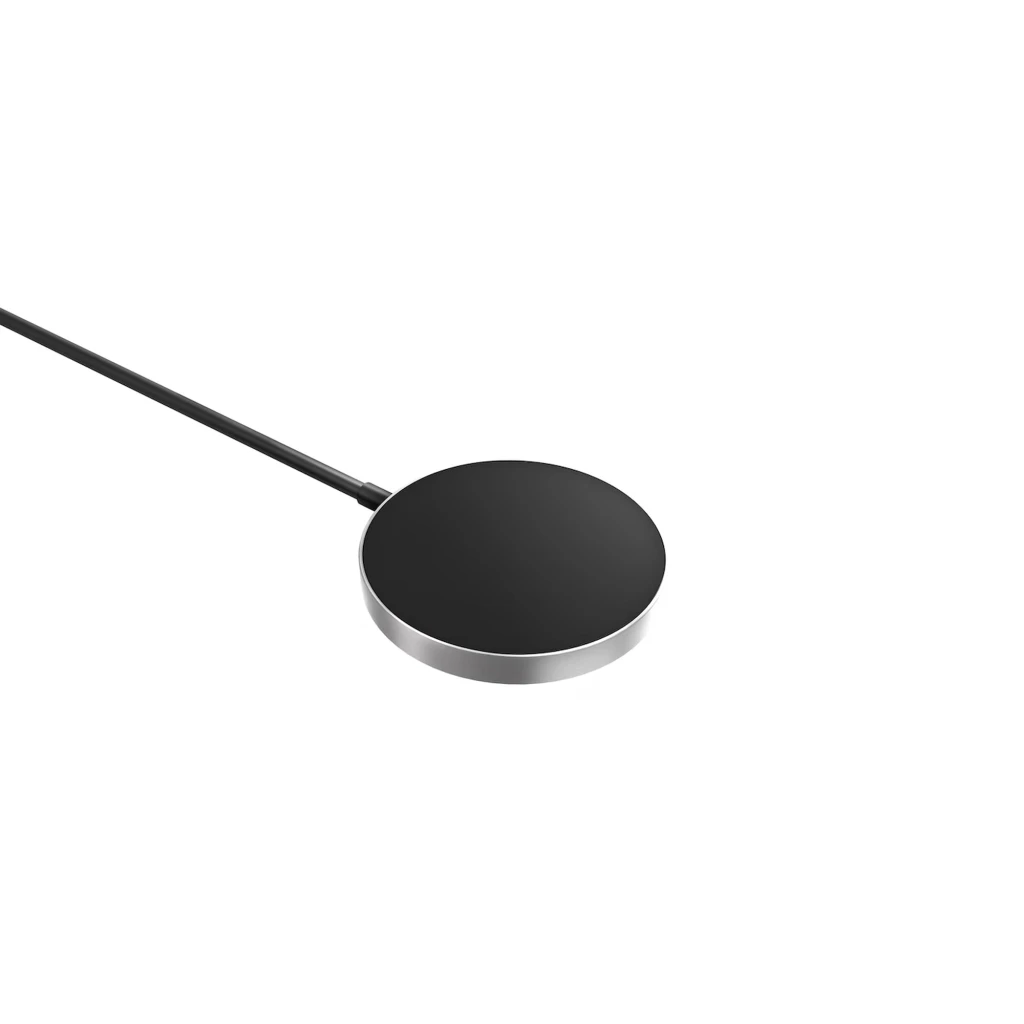 Samsung GP-PWU025WIABW Cargador Inalámbrico Qi2 15 W Negro, base circular magnética con acabado negro y borde metálico, cable integrado fino