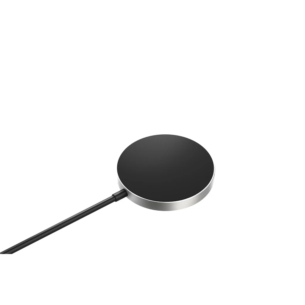 Samsung GP-PWU025WIABW Cargador Inalámbrico Qi2 15 W Negro, disco magnético ultradelgado en negro con borde metálico plateado y cable integrado negro