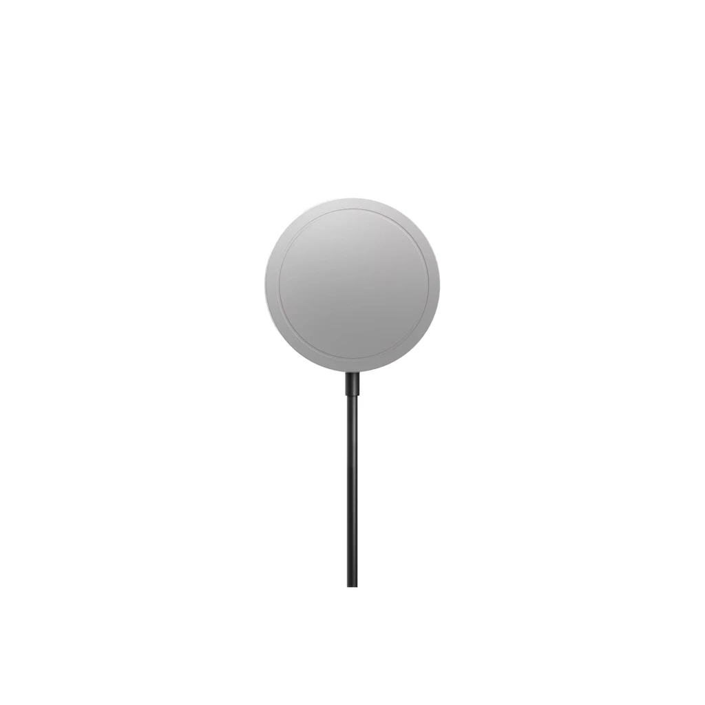 Samsung GP-PWU025WIABW Cargador Inalámbrico Qi2 15 W Negro: disco magnético compacto gris con borde fino y cable negro integrado, diseño minimalista y ligero