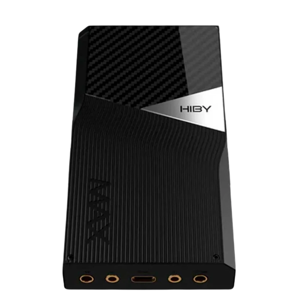 HiBy R6 Pro Max reproductor Hi-Res portátil negro, panel trasero con fibra de carbono, bordes texturizados y salidas doradas 4,4 mm balanceada y 3,5 mm