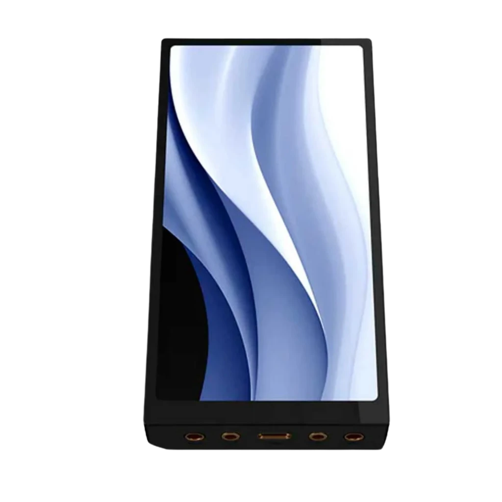 HiBy R6 Pro Max reproductor portátil con pantalla grande, cuerpo negro, puertos dorados en base y salida balanceada 4,4 mm, diseño elegante y moderno