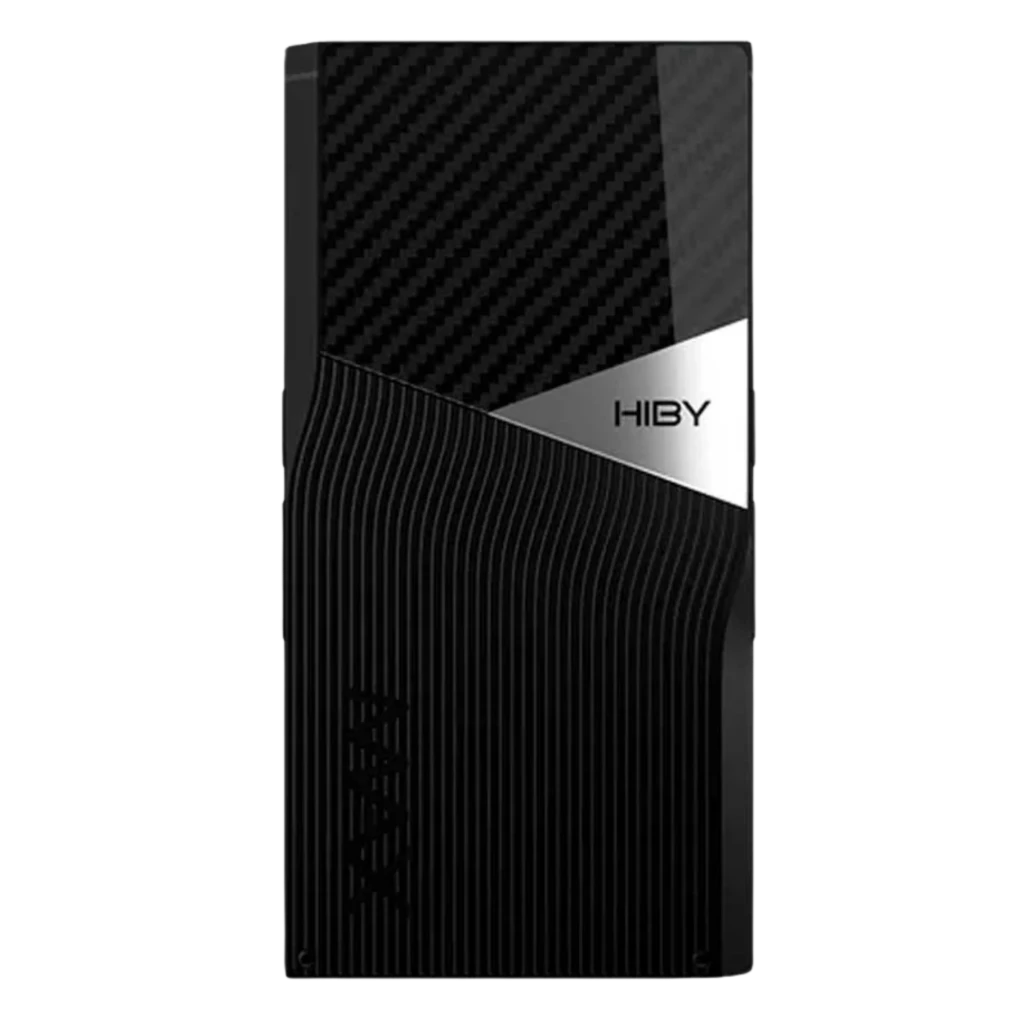 HiBy R6 Pro Max reproductor Hi-Res portátil con panel trasero negro texturizado, detalle plateado con logo Hiby y diseño elegante; salida balanceada 4,4 mm