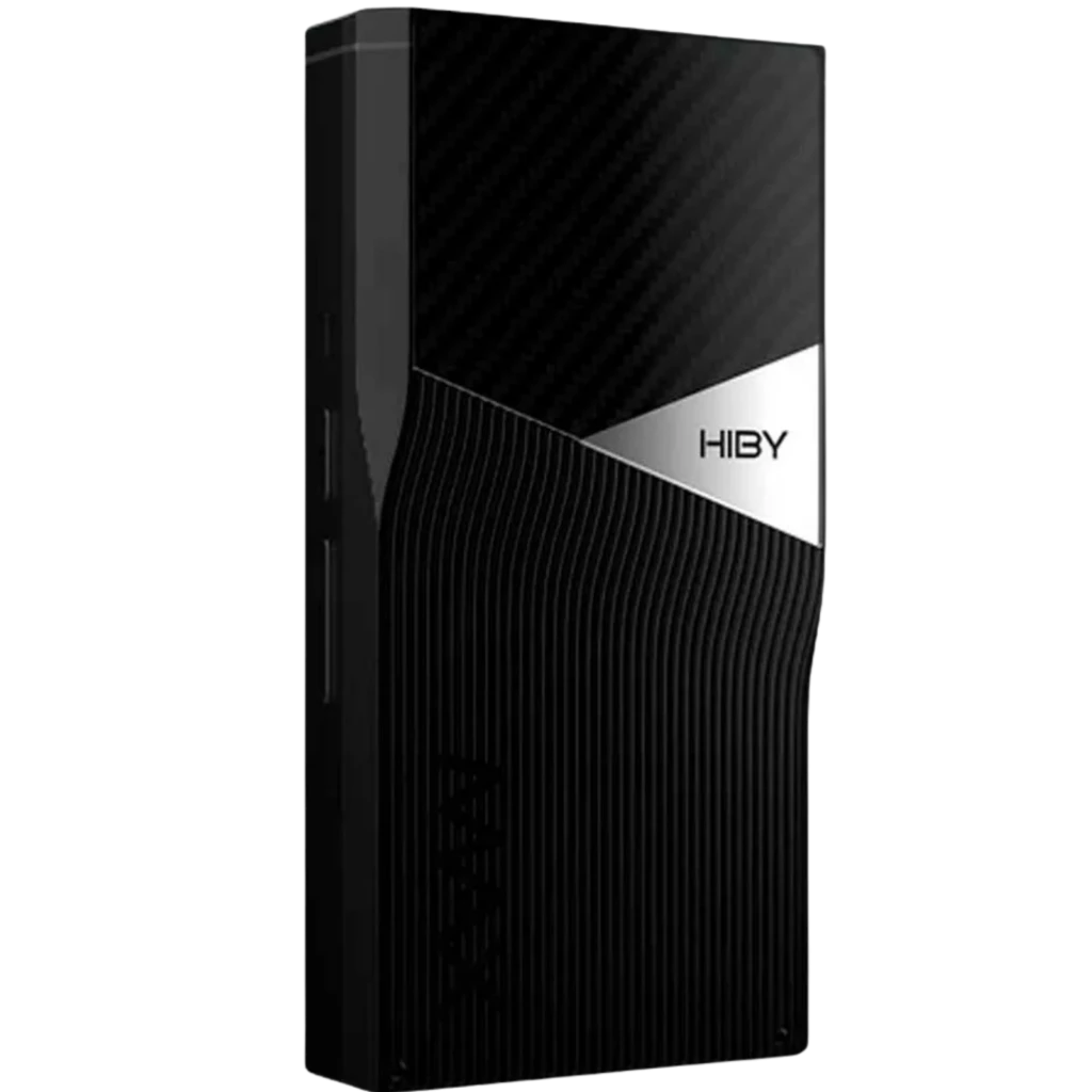 HiBy R6 Pro Max Reproductor Hi-Res portátil con carcasa negra texturizada, panel metálico plateado con logo Hiby y botones laterales, salida balanceada 4,4 mm