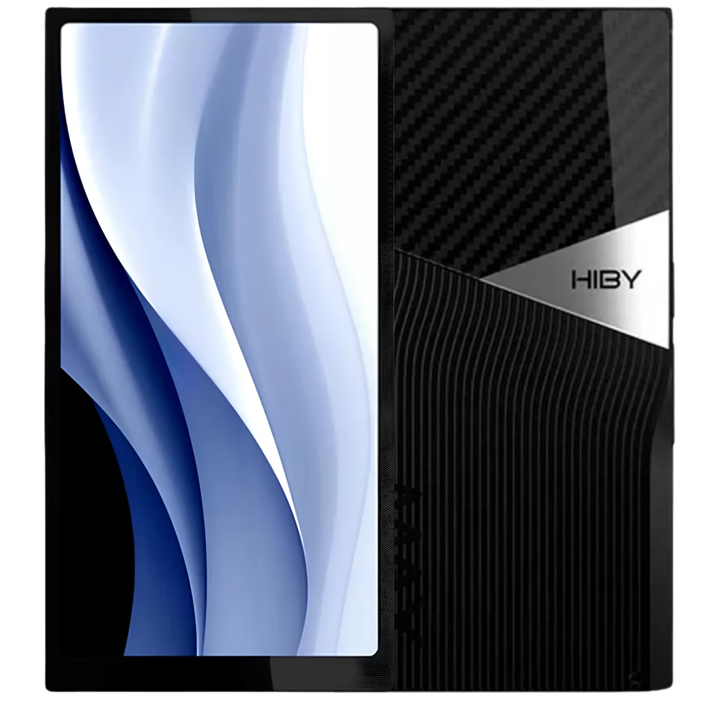 HiBy R6 Pro Max Reproductor Hi-Res portátil con gran pantalla, trasera negro carbón con texturas onduladas y placa metálica lateral con logo Hiby