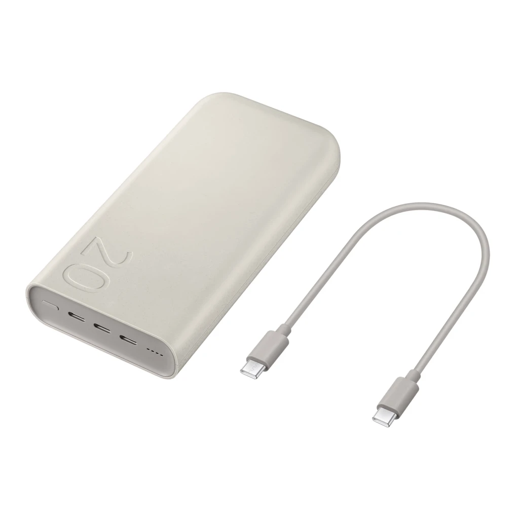 Samsung EB-P4520 Power Bank 20000 mAh 45 W en beige, cuerpo curvo mate, tres puertos USB-C frontales y cable USB-C a USB-C incluido