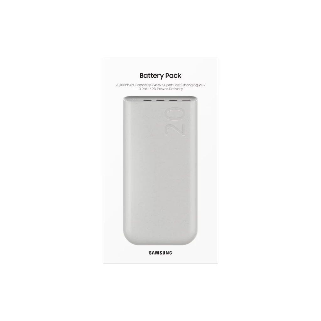 Power bank Samsung EB-P4520 beige con carcasa lisa, marca y 20 en relieve, diseño compacto. Incluye caja blanca con texto Battery Pack y logotipo Samsung