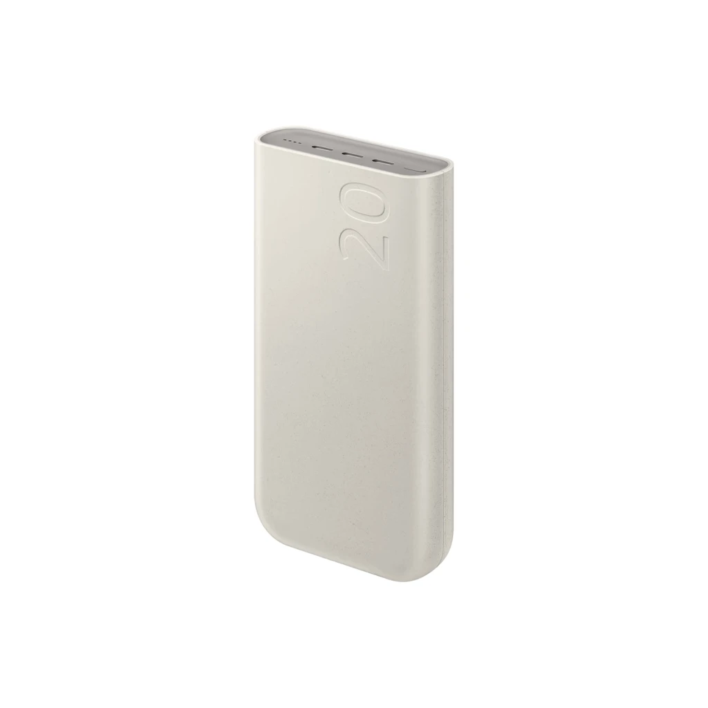 Power bank Samsung EB-P4520 beige de 20000 mAh, diseño minimalista con número 20 en relieve, tres puertos USB-C en el borde superior, acabado mate