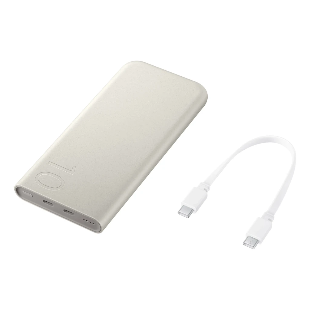 Power bank Samsung EB-P3400XUEGEU 10000 mAh beige con acabado mate, dos puertos USB-C, indicador LED y cable USB-C a USB-C incluido