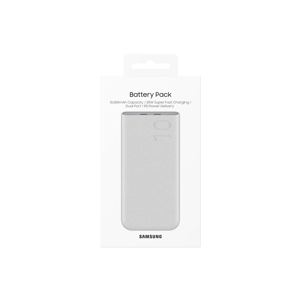 Batería externa beige Samsung 10000 mAh con acabado mate, cantos redondeados y logo 10 en relieve, presentada en caja blanca con texto Battery Pack
