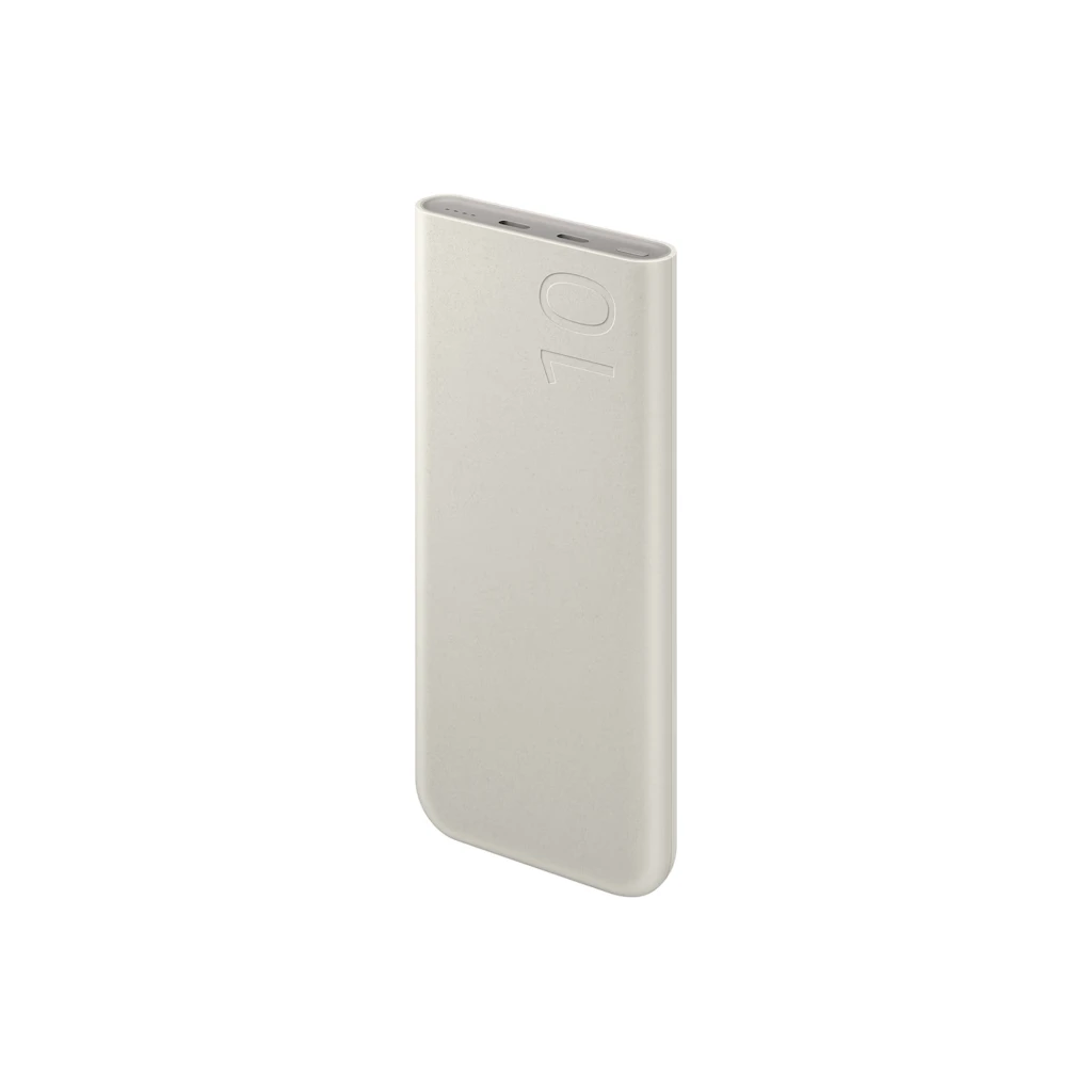 Power bank beige compacto con acabado mate, número 10 en relieve y dos puertos USB-C superiores; diseño minimalista, bordes redondeados y formato delgado