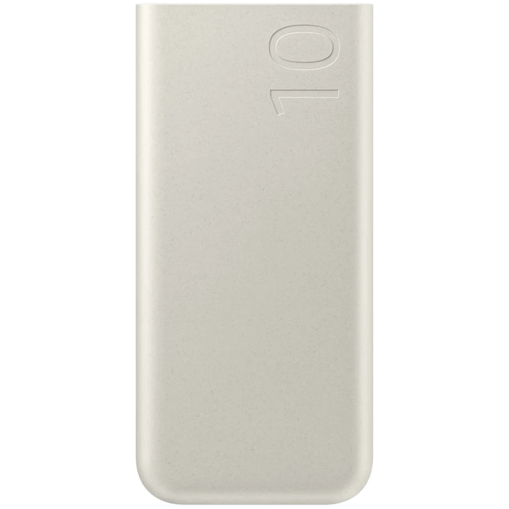 Batterie externe beige 10000 mAh Samsung EB-P3400XUEGEU, design minimal avec coin arrondi et marquage 10 en relief, charge rapide 25 W, 2 ports USB-C