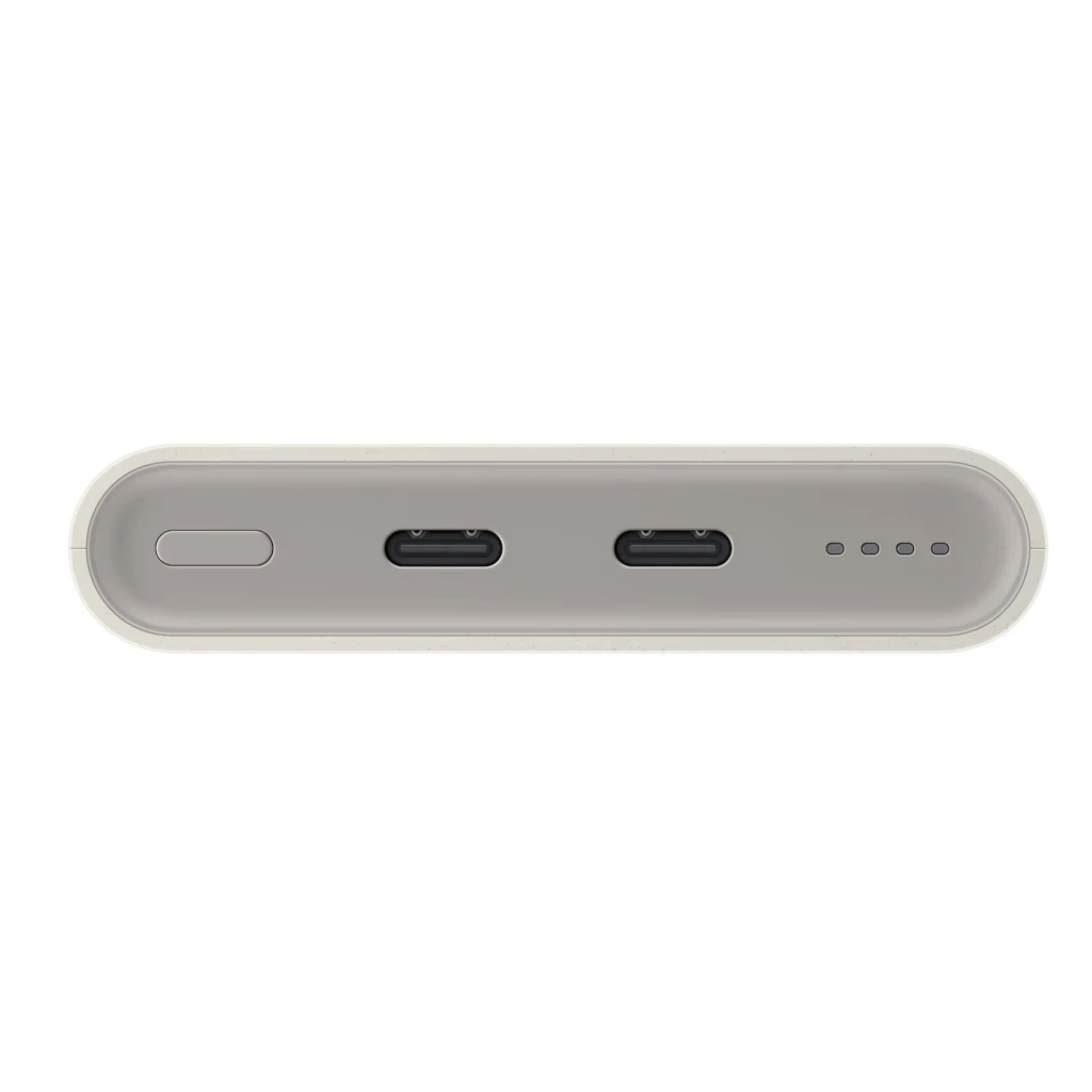 Power bank beige Samsung EB-P3400XUEGEU con dos puertos USB-C frontales, botón lateral y cuatro LEDs indicadores; compacto, 10000 mAh y carga 25 W